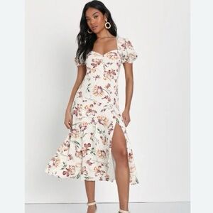 Lulu's XL Cream Floral Midi Dress With Slit-Pink & Brown Blossoms-Cottagecore